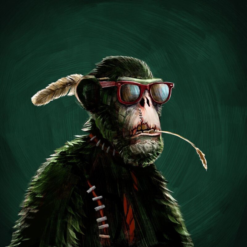 Cardman's ape portrait: green fur, sunglasses and a feather