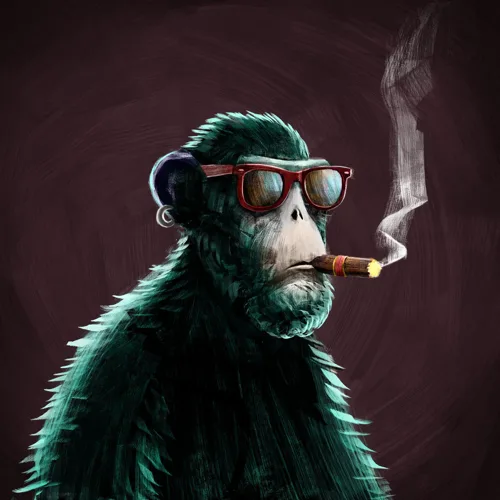 Congo's ape portrait: sunglasses and a cigar on a plum ground